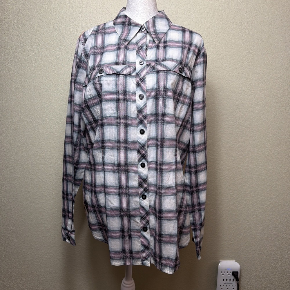 Cabi Festival 233 L Plaid Floral Mixed Media Button Down Shirt Cotton Blouse